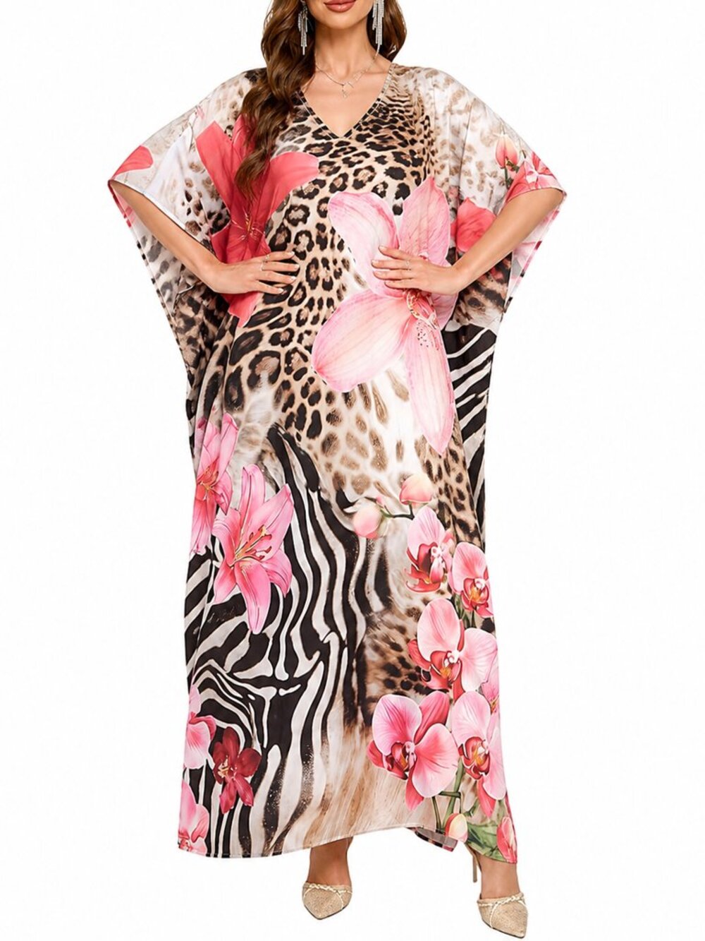 Animal & Floral Printed Polyester Caftan Dress Plus Size Cover Up Maxi Dresses